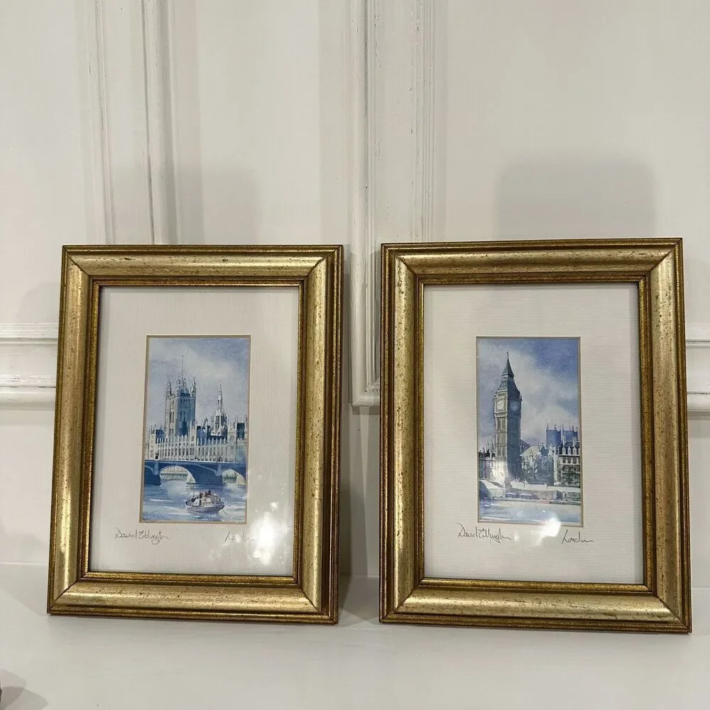 2 DAVID EDDINGTON vintage watercolour/lithograph of London Skyline Signed